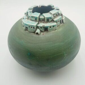 Southwest Pueblo Design Jeremy Diller Raku Pottery Vase Signed J Diller 8"x 8"